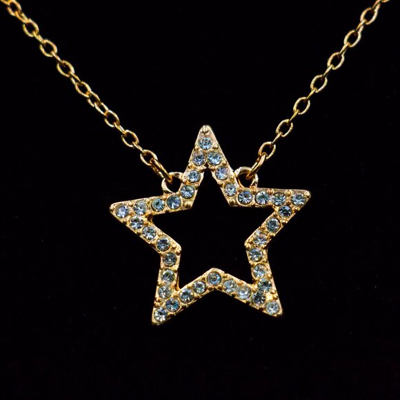 GUESS GLASS CRYSTAL RHINESTONE LINED GOLD TONE STAR NECKLACE - JNCSSL1 - Picture 2 of 4